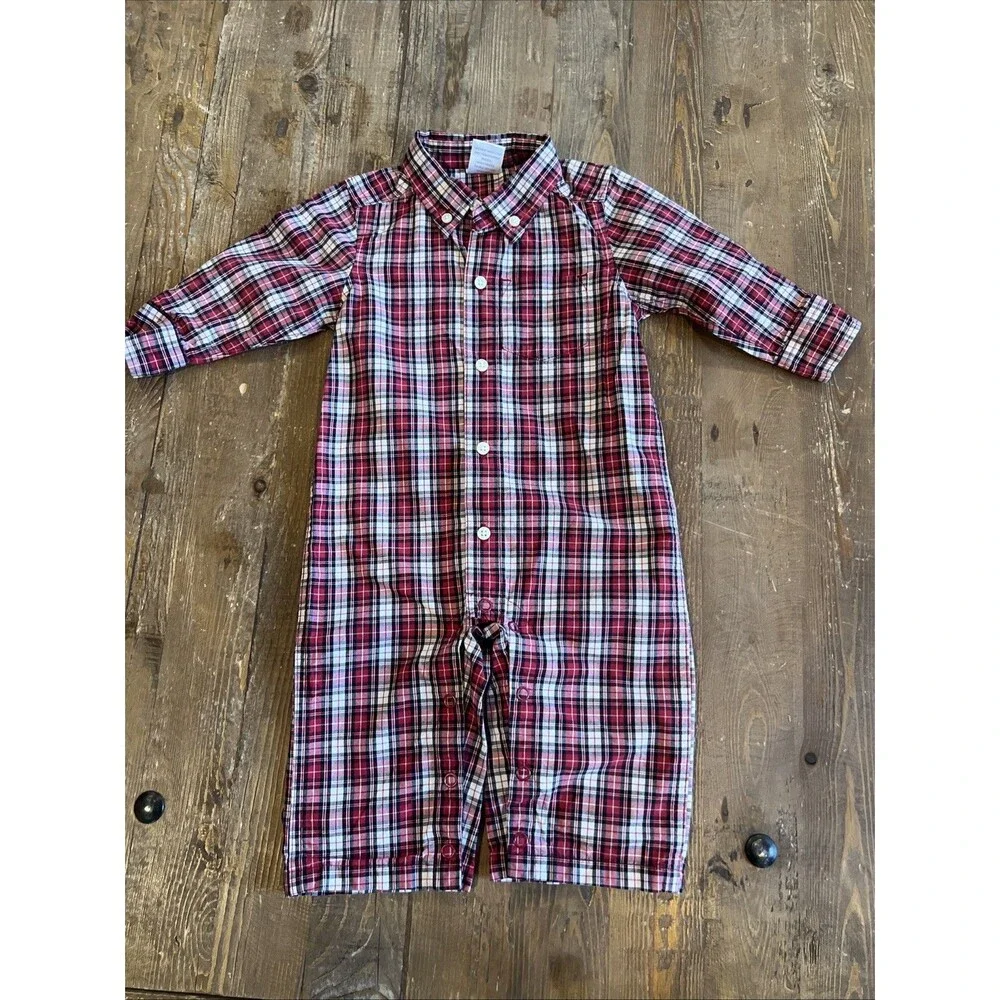 Gymboree Baby Boy 6-12 Months Red Plaid Button Down One Peice Romper With Snaps